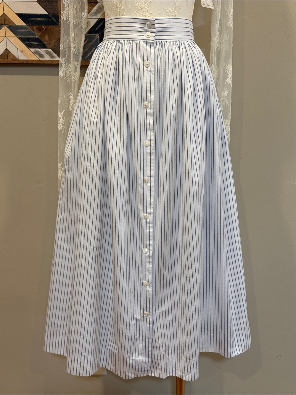 Vintage Ralph Lauren Blue Label 80s Striped Cotton Flared Button Down Maxi Skirt - Picture 2 of 13